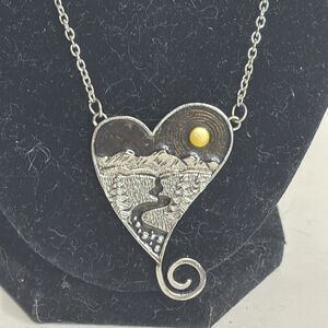Silver Tone Metal Heart Necklace with Mountain and River; Bohemian Style jewelry
